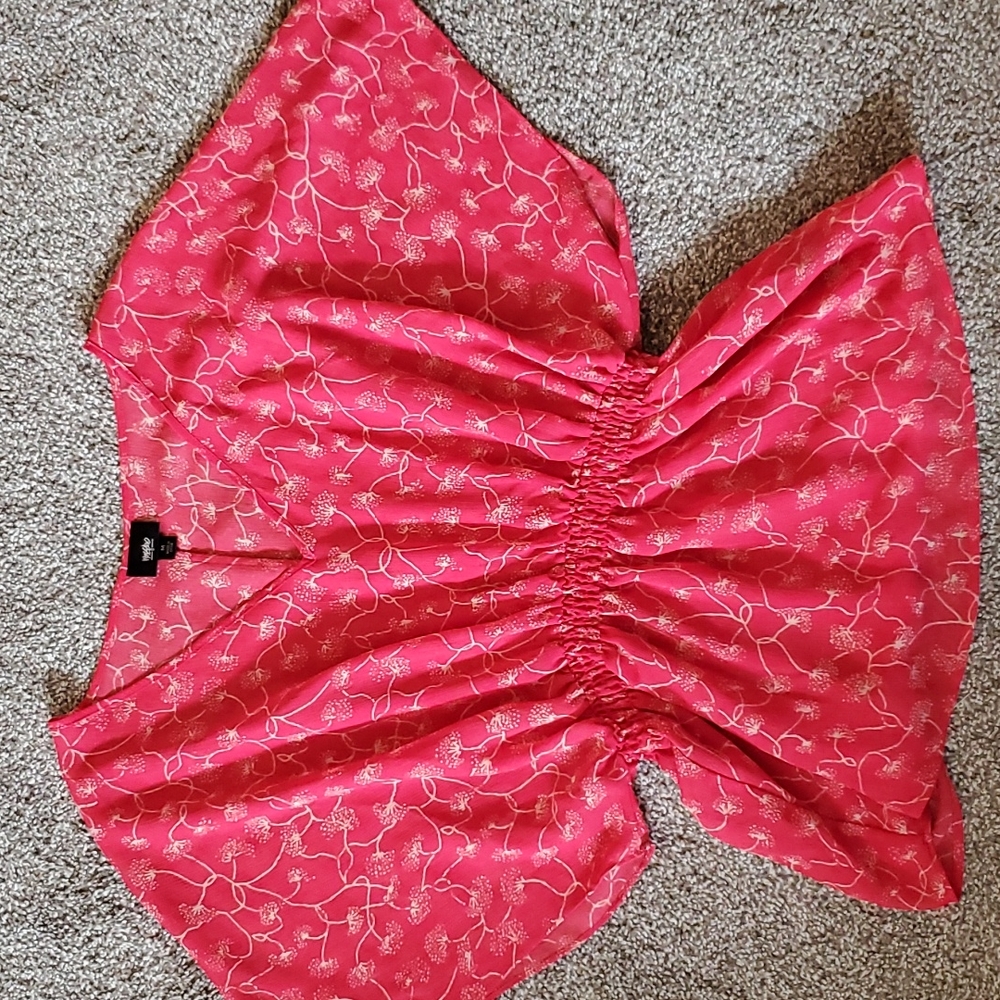 Red patterned sheer shirt. Size M